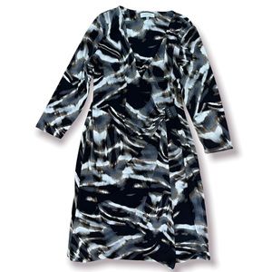 Calvin Klein size medium black white tan print faux wrap dress with waist buckle